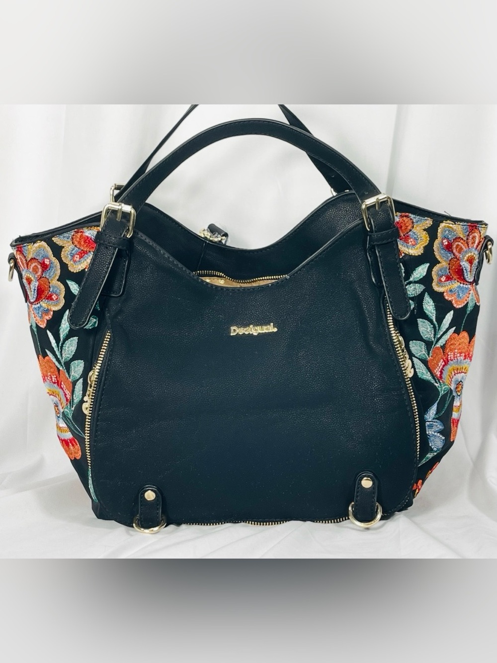 Desigual Black Shoulder Bag with Multicolor Floral Embroidery